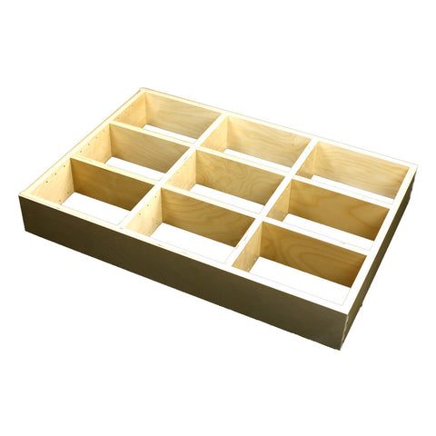 3 Section Adjustable Divider (up to 9 cubicles) organizer insert.  Interior Drawer Dimension Range: Width 24 1/16" to 35", Depth 16 1/16 "to 21", Height 2" to 6". (G-10)